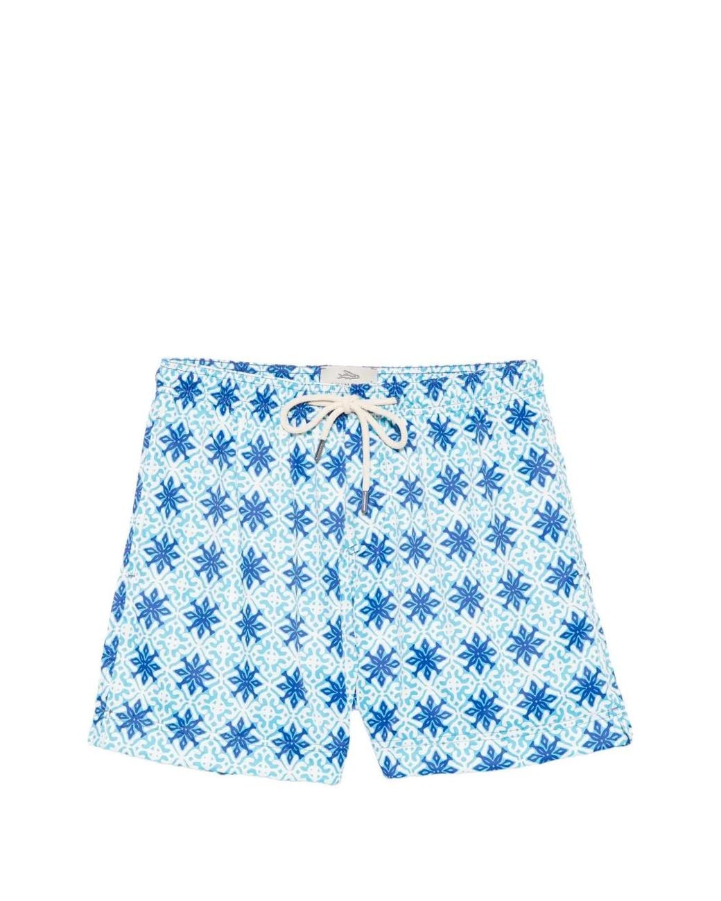 Peninsula Blue Geometric-Print Drawstring Swim Shorts for men