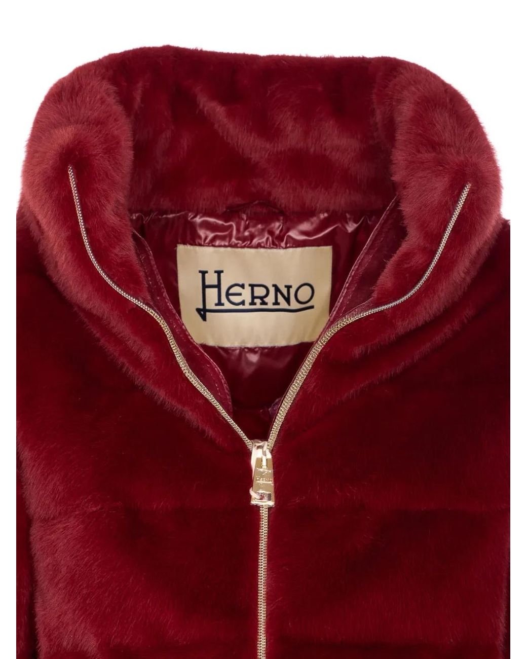 Herno Red Plush Bordeaux Synthetic Fur Jacket With High Coll