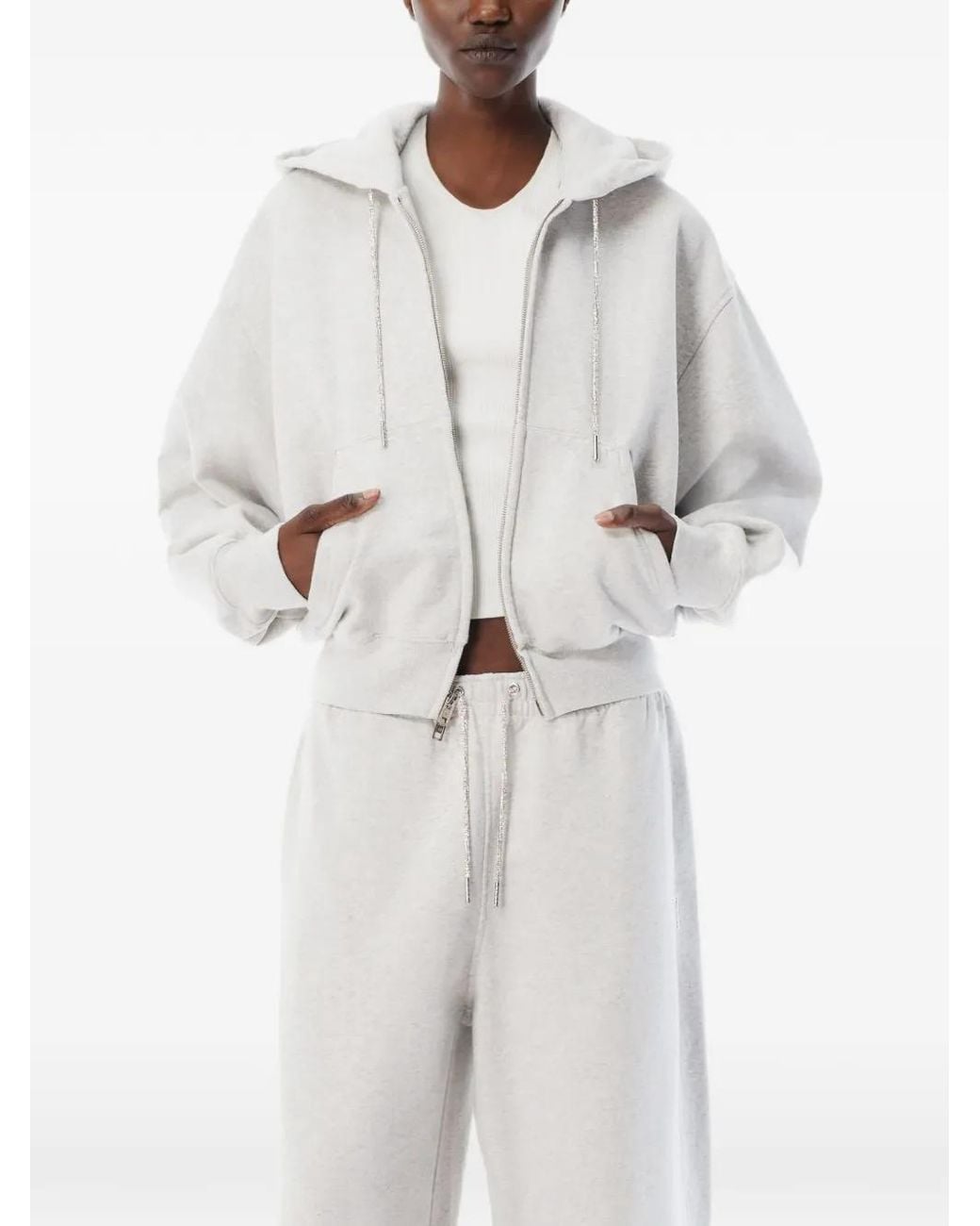 Alexander Wang White Rhinestone-Drawcord Zip-Up Hoodie