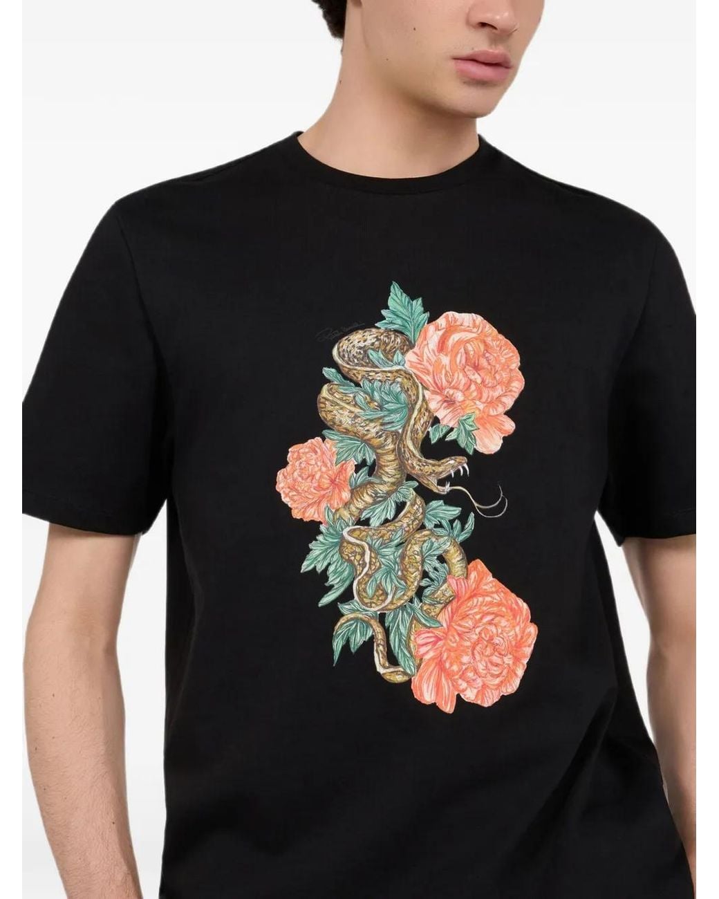 Roberto Cavalli Black Snake Floral-Print T-Shirt for men