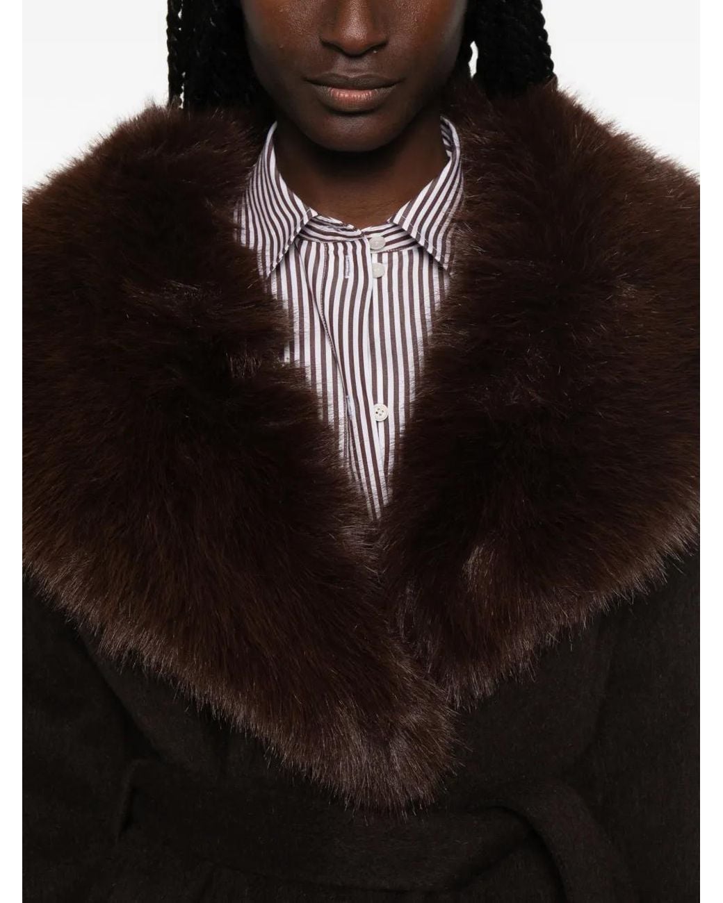 Sandro Black Faux-Fur Collar Belted Coat