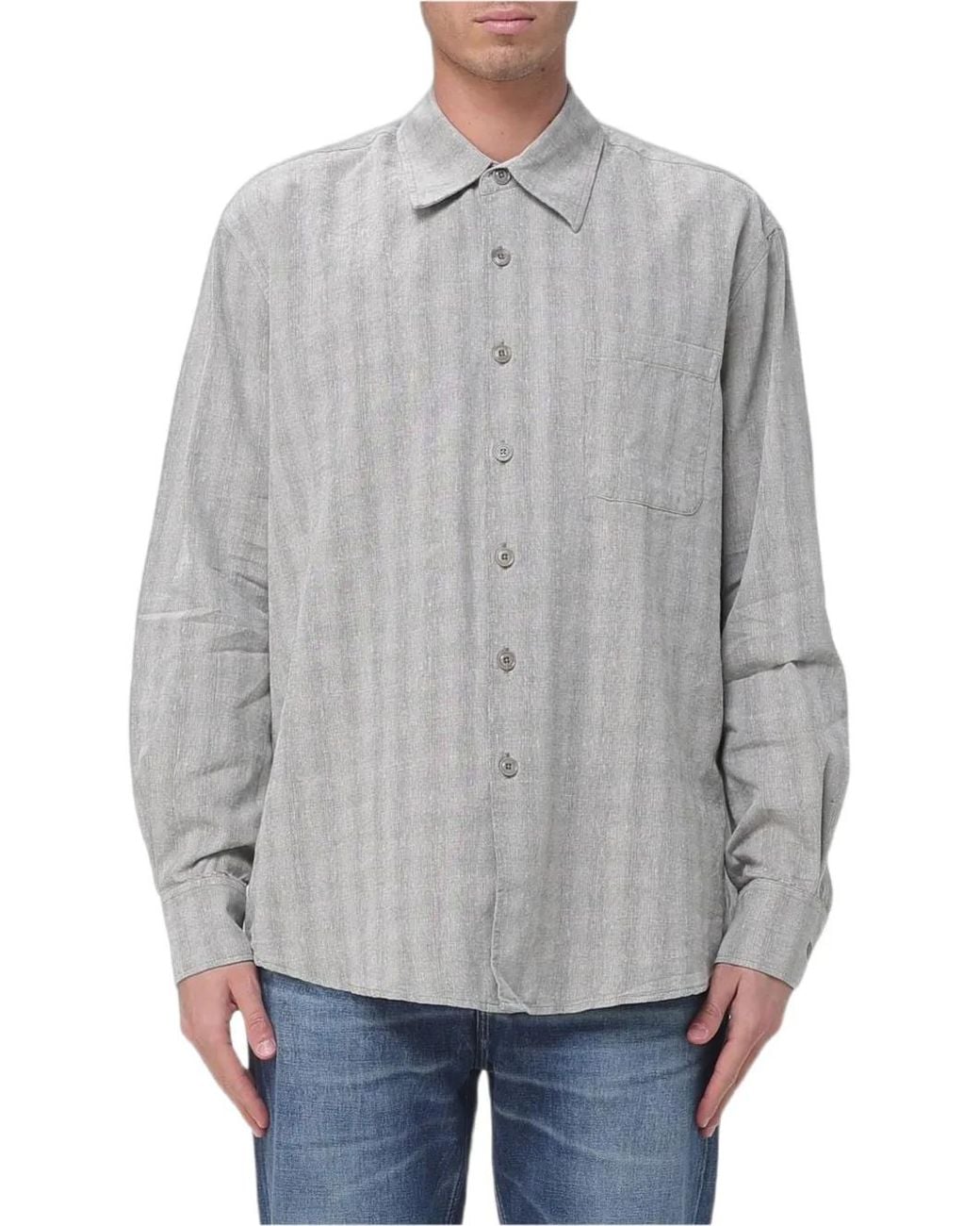 Our Legacy Gray Herringbone-Patterned Chest-Pocket Shirt for men