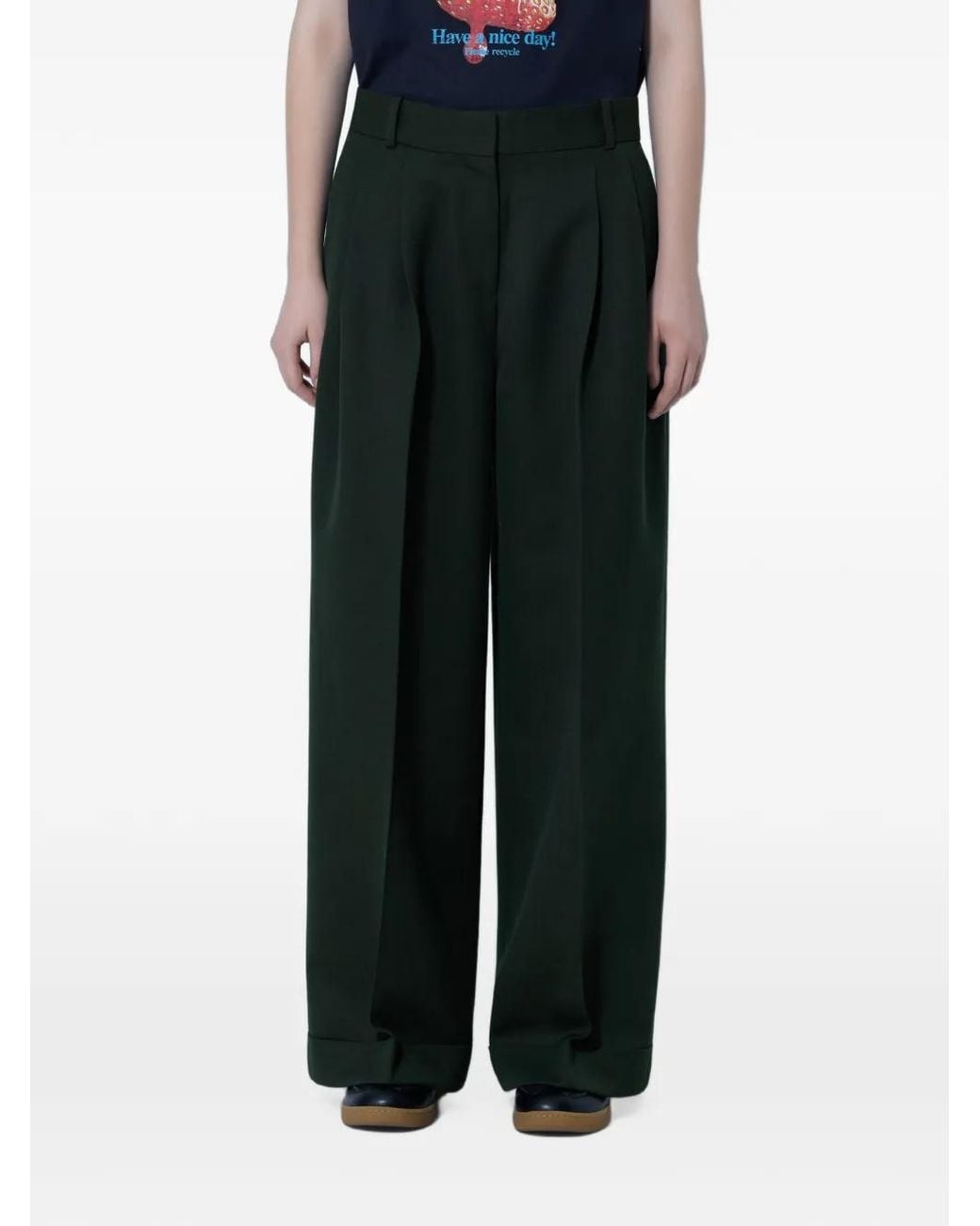 Ganni Black Pleated-Front Wide-Leg Trousers
