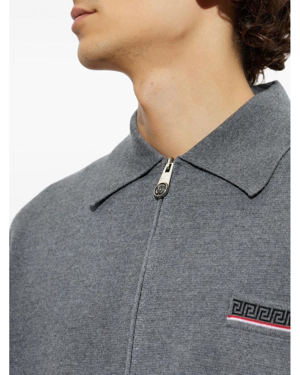 Versace Gray Jacquard Wool Knit Zip Sweater for men