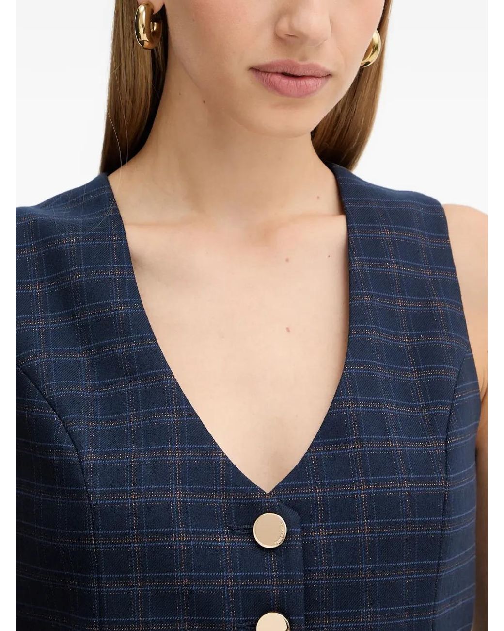 Fracomina Blue Plaid V-Neck Gilet Top