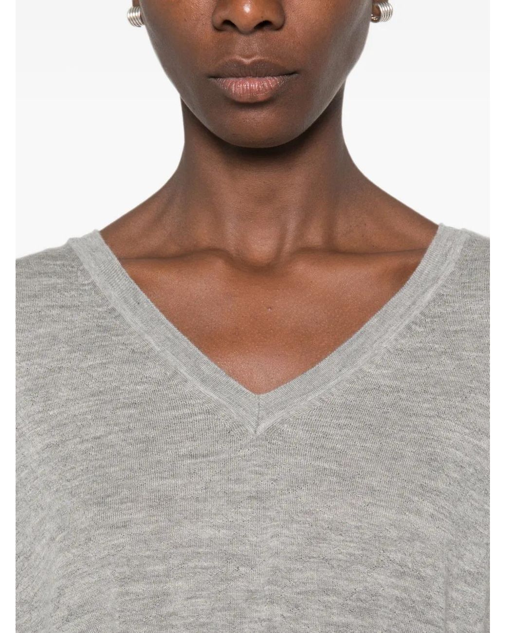 FRAME Gray The Crinkle V-Neck Sweater