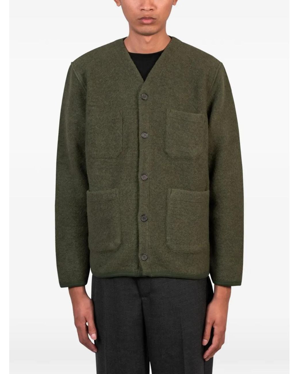 Universal Works Green Button-Up Patch-Pocket Cardigan for men