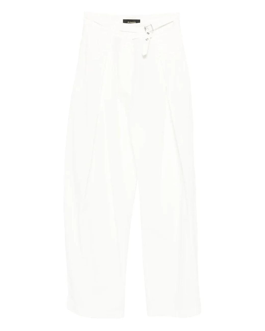 Pinko White Pleated Belted Straight Trousers
