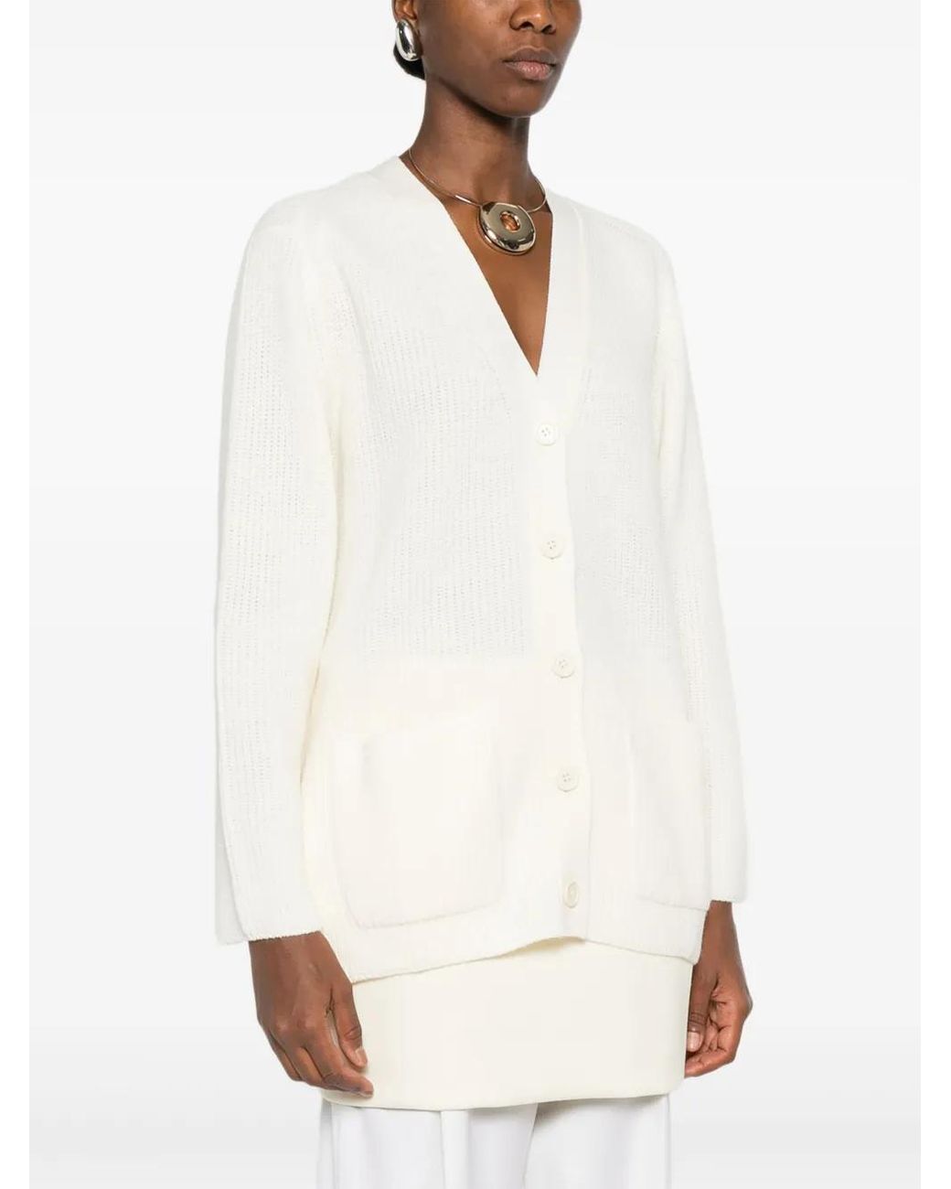 P.A.R.O.S.H. White Ribbed Patch-Pocket Cardigan