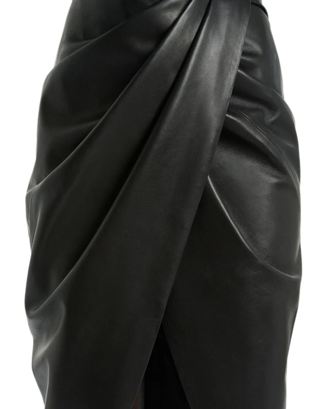 Balmain Black Draped Lambskin Midi Skirt
