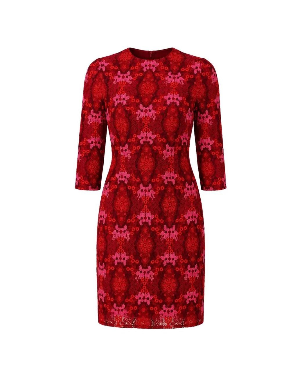 Dolce & Gabbana Red Floral-Lace Three-Quarter Sleeve Dress