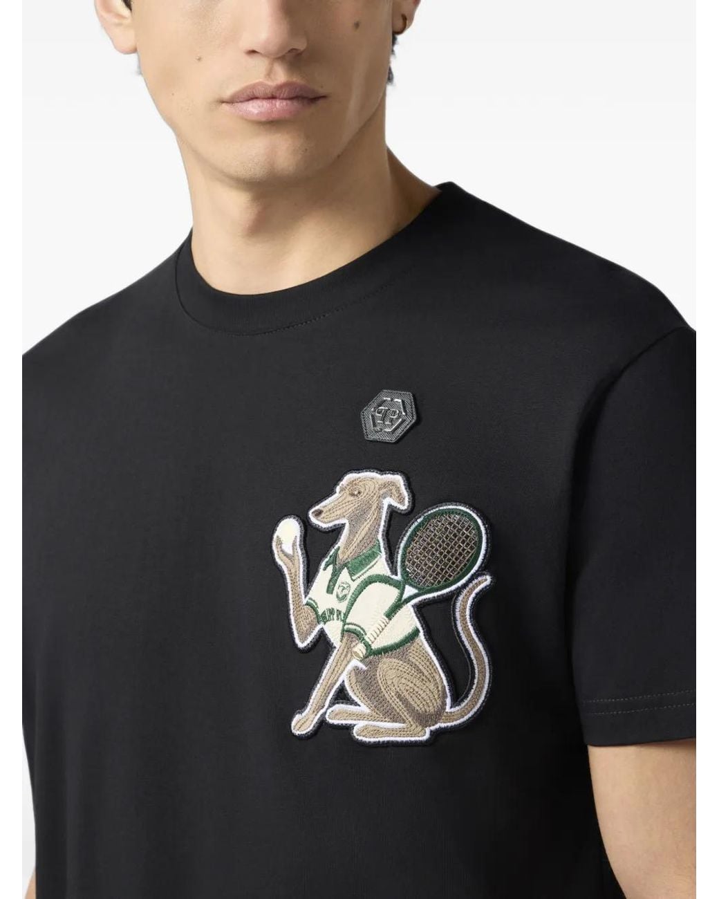 Philipp Plein Black Round Neck T-Shirt Tennis Pet Patch for men