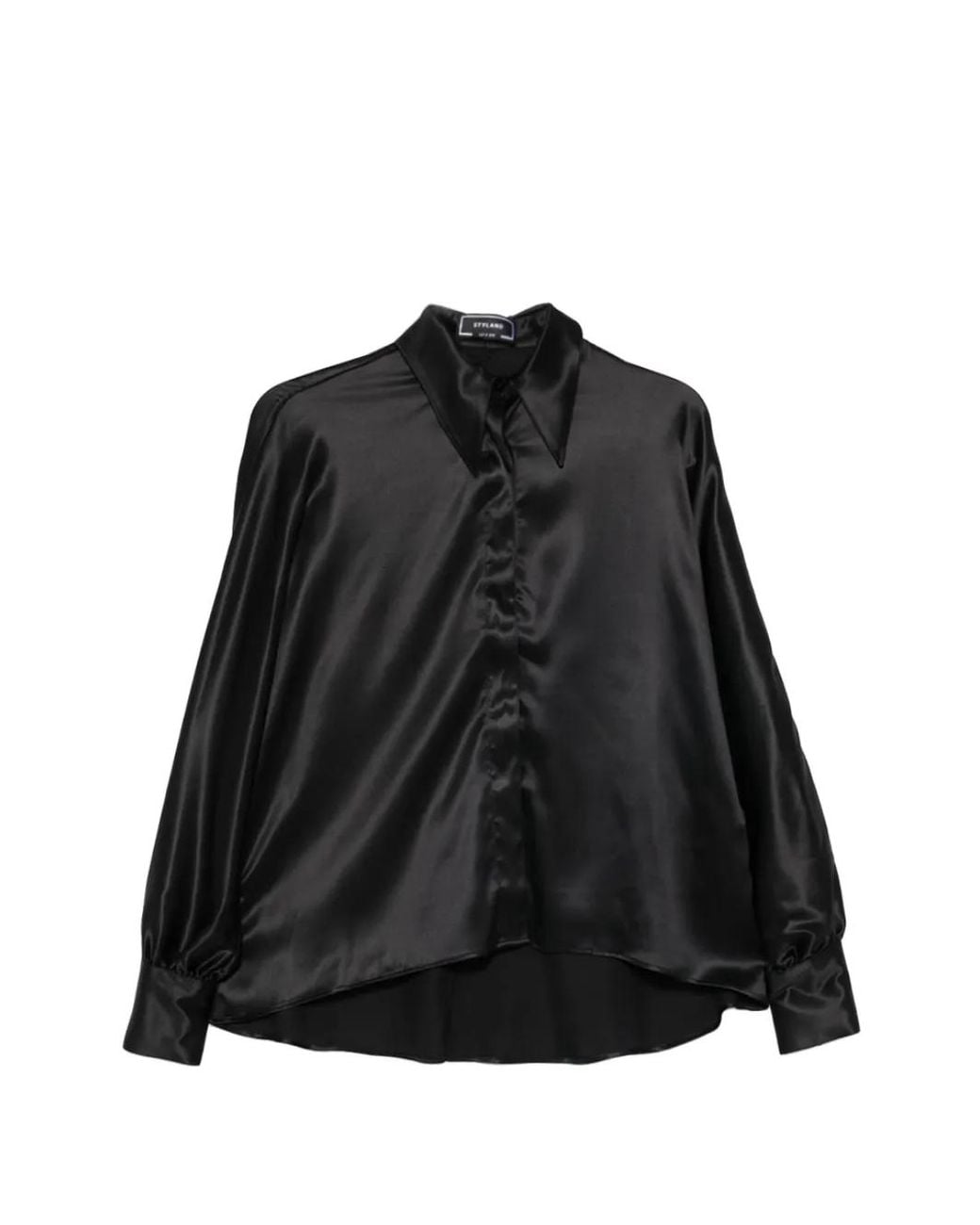 Styland Black Kimono-Sleeve Satin Shirt