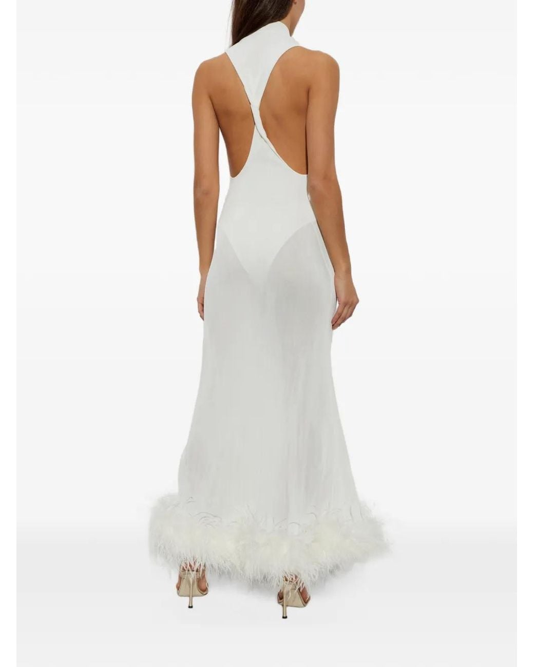 Self-Portrait White Racer-Back Feather Knit Midi Dress