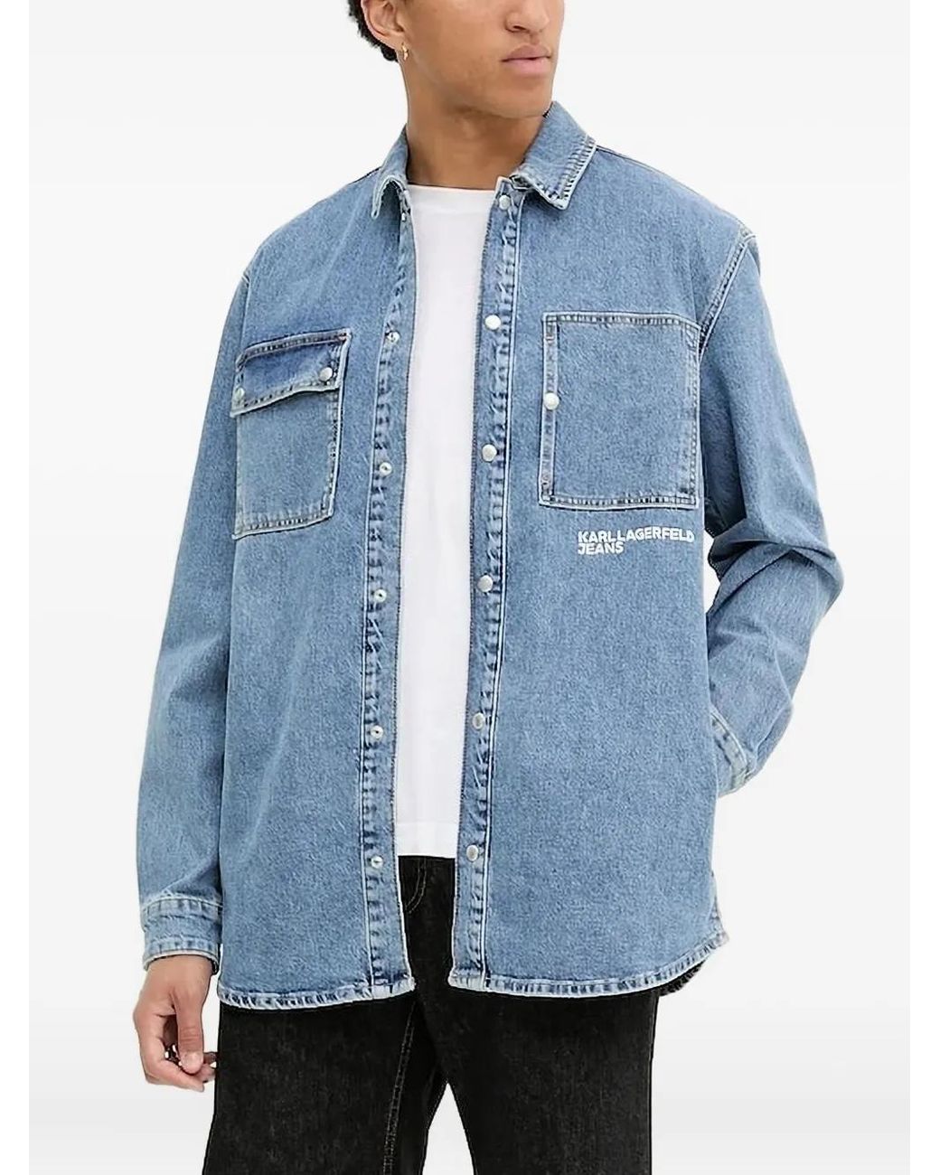 Karl Lagerfeld Blue Pocket-Detail Denim Shirt for men