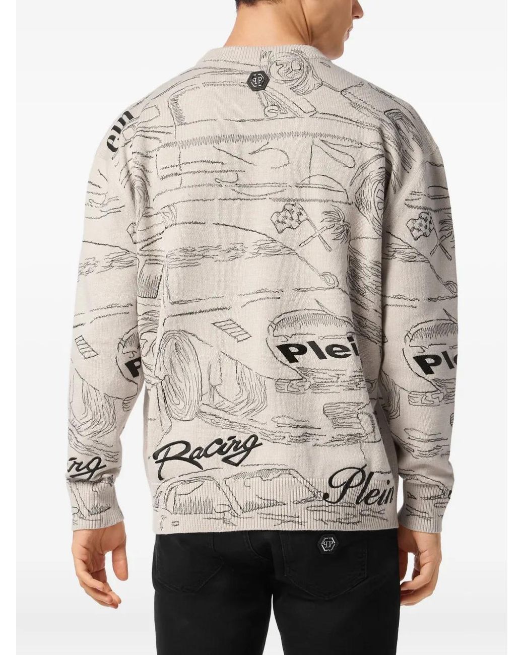 Philipp Plein Natural Knitted Pullover Round Neck Ls Cars Racing for men