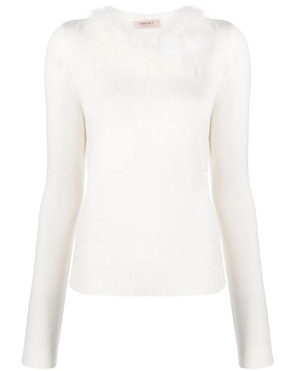 Twinset White Faux Fur-Trim Knitted Top