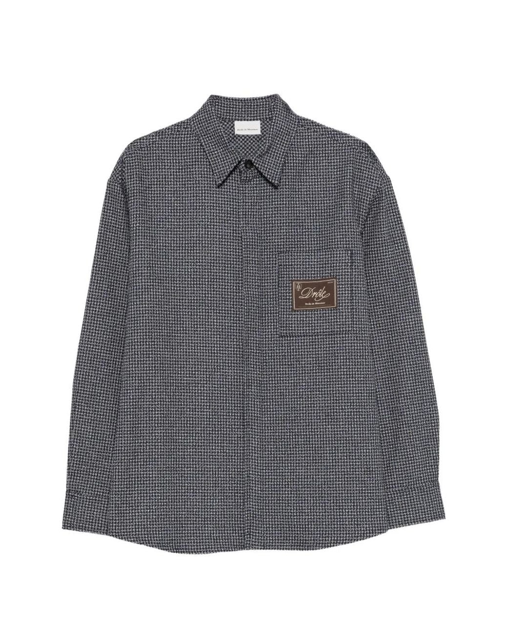Drole de Monsieur Gray Houndstooth-Pattern Zip-Up Shirt for men