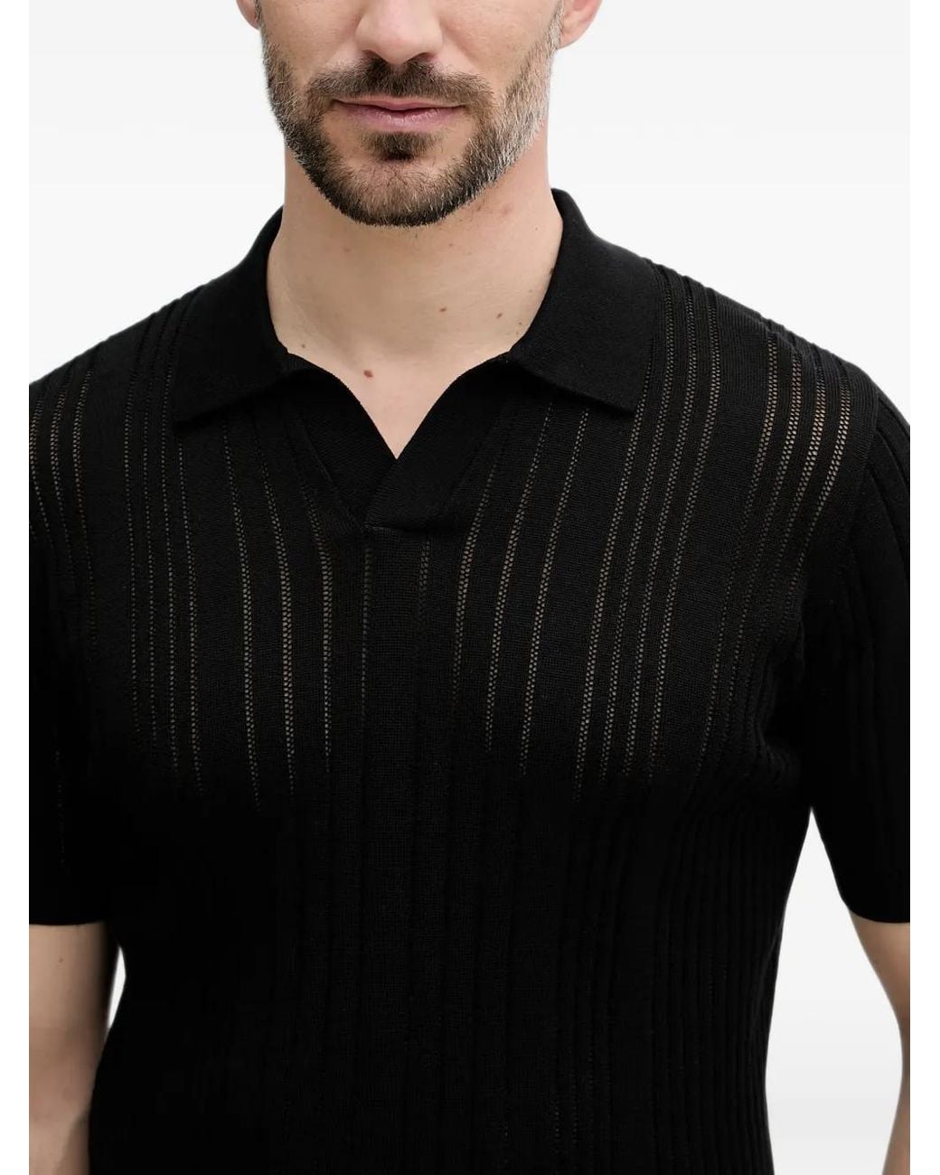 Karl Lagerfeld Black Pointelle-Knit Ribbed Polo Shirt for men