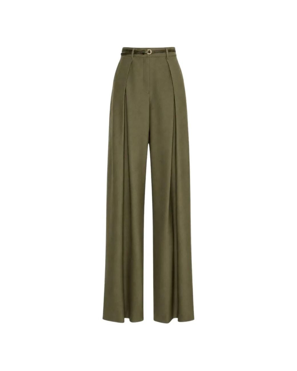Max Mara Green Belted Pleated Wide-Leg Trousers