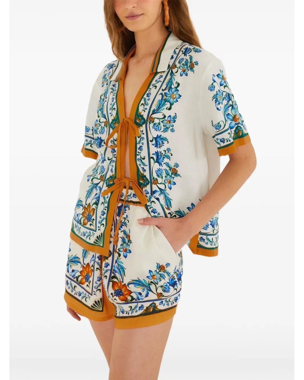 Farm Rio White Floral-Tile Shorts