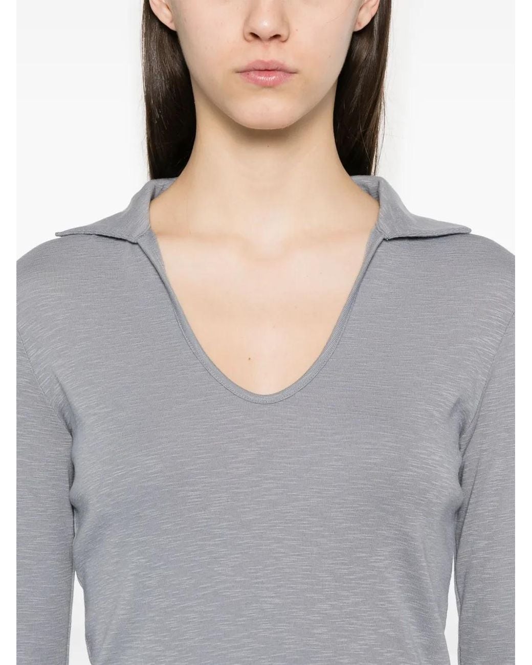 Vince Gray Open-Neck Long-Sleeve Polo Top