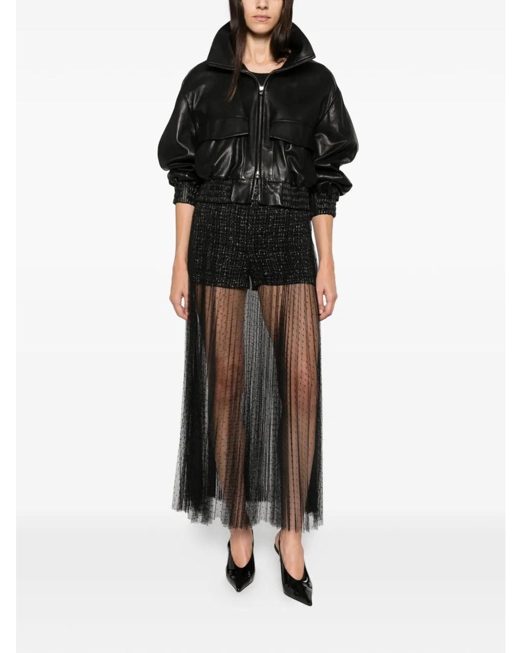 Twinset Black Bouclé-Knit Tulle-Overlay Short