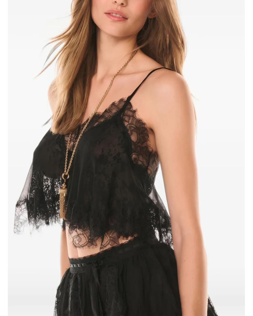 LoveShackFancy Black Lace-Detail Blouse