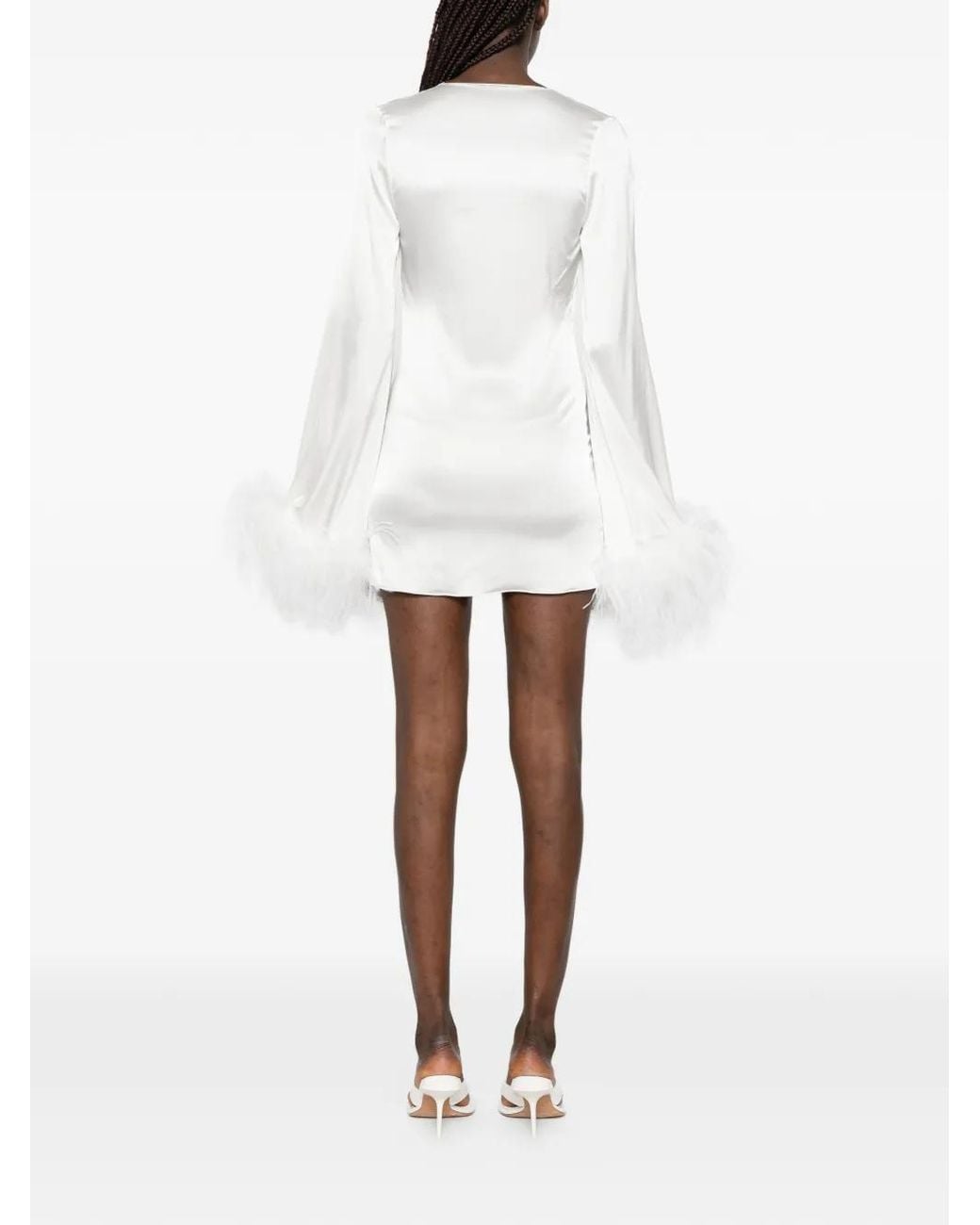 Oseree White Feather-Trim Mini Dress