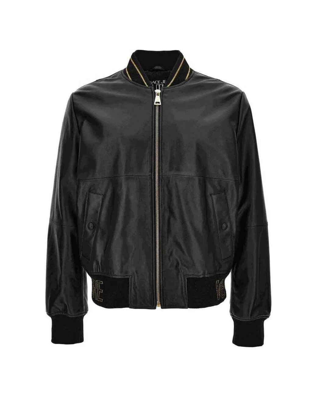 Versace Jeans Couture Black Logo-Embroidered Faux-Leather Bomber Jacket for men