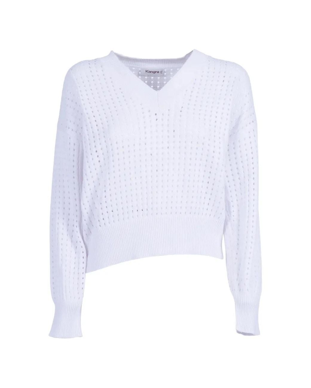 Kangra White Sweat En Maille Ajourée À Col V