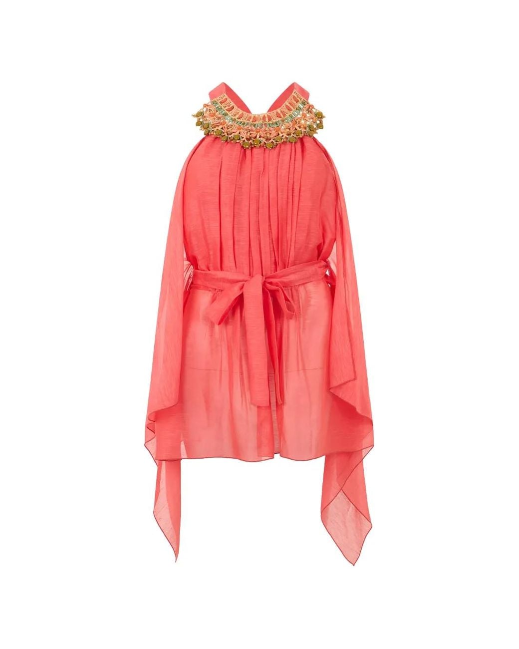 Alberta Ferretti Red Bead-Embellished Belted Blouse
