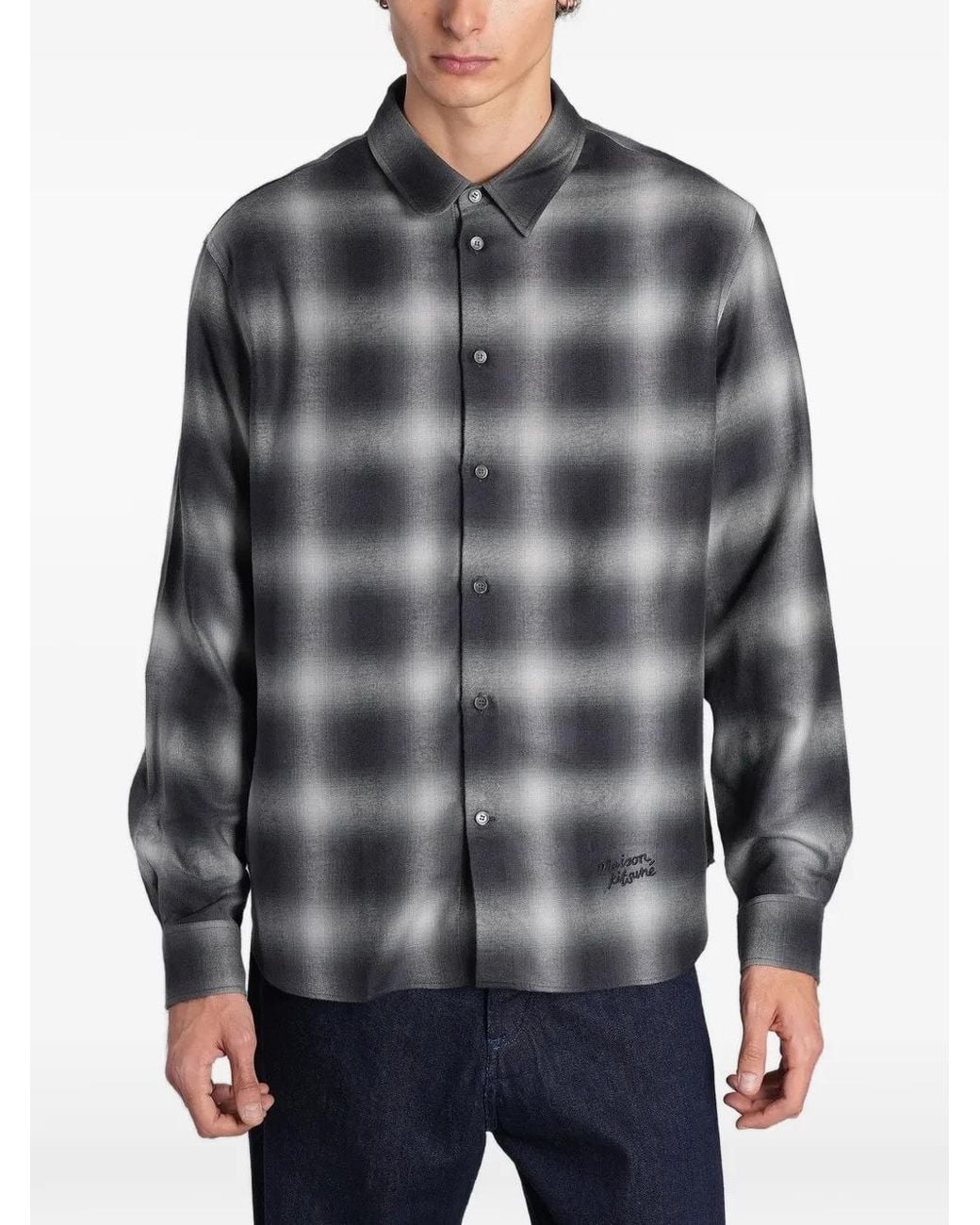 Maison Kitsuné Gray Check-Print Logo-Embroidered Shirt for men