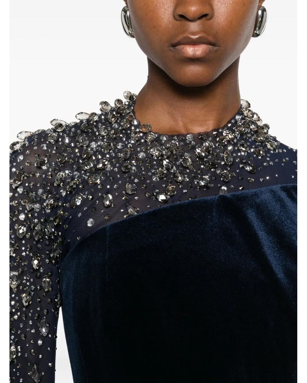 Jean Louis Sabaji Black Crystal-Embellished Asymmetric Gown