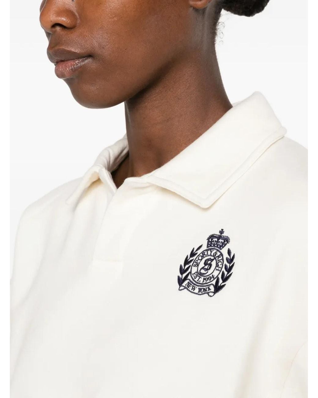 Sporty & Rich White Elfa Logo-Embroidered Polo-Collar Sweatshirt