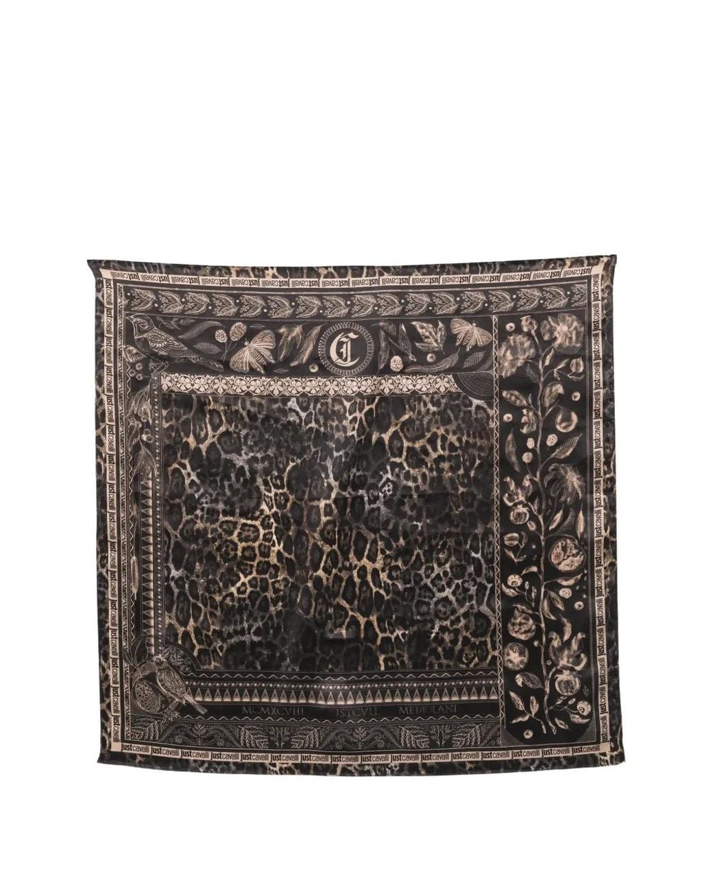 Just Cavalli Black Leopard-Print Floral-Print Scarf