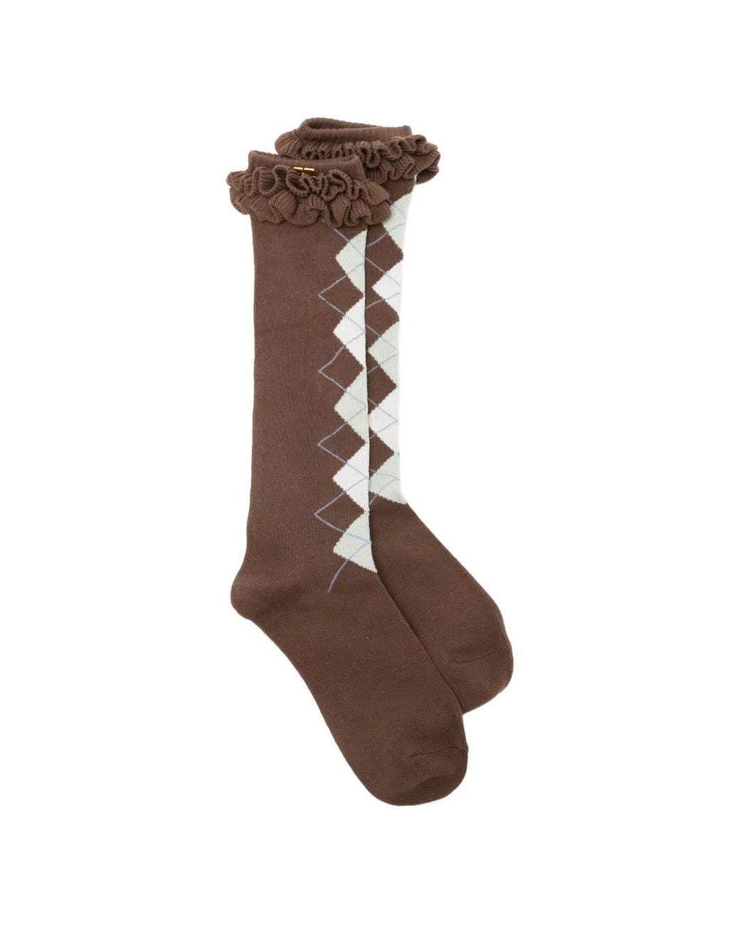 Ganni Brown Argyle Ruffled Socks