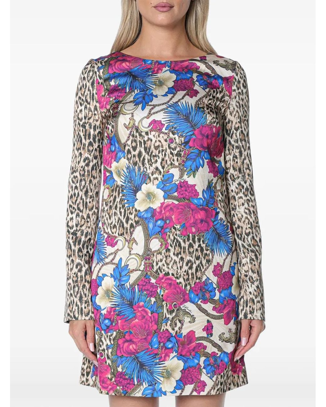 Just Cavalli Natural Leopard-Print Floral-Print Mini Dress