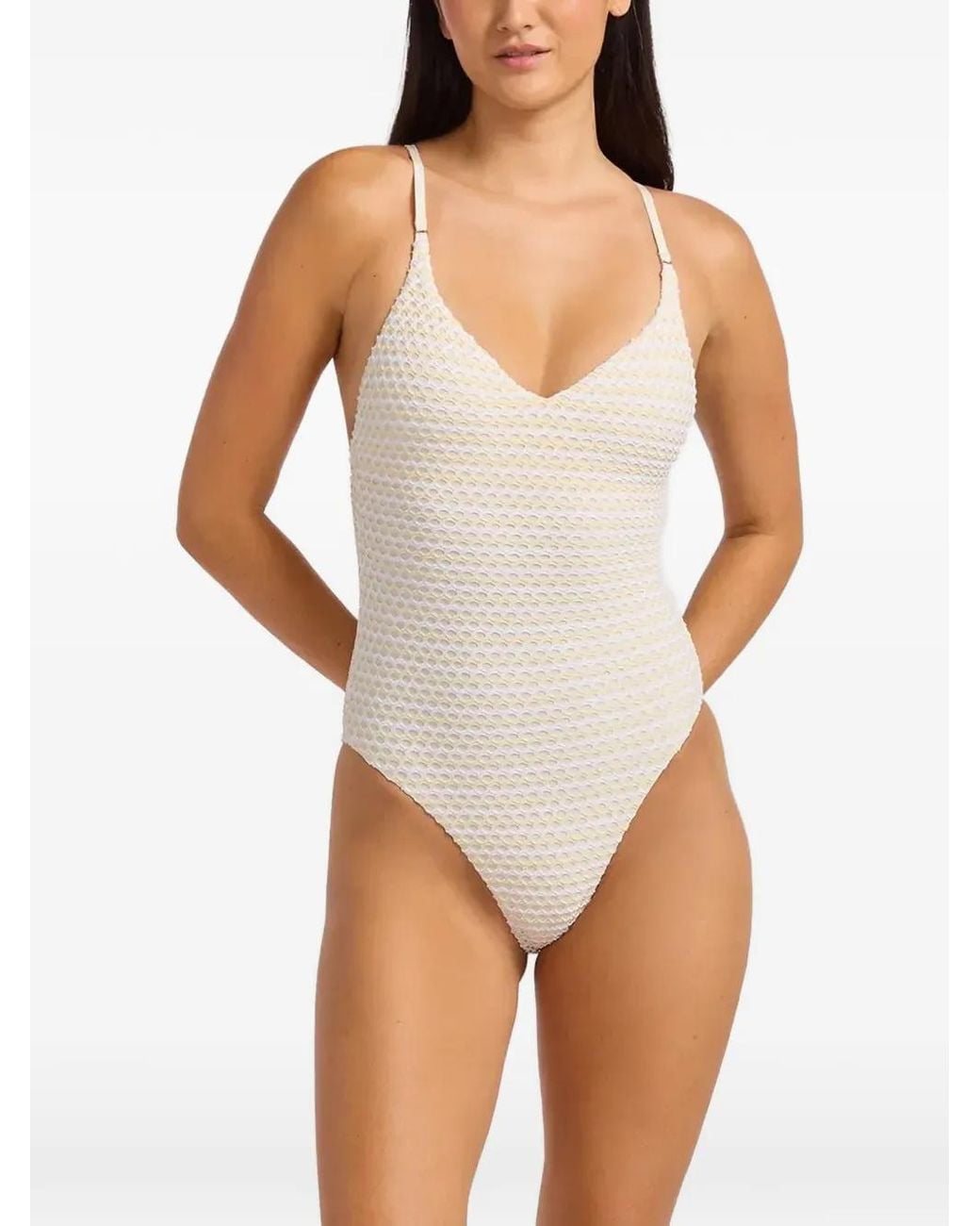 Seafolly White Textured V-Neck Swimsuit