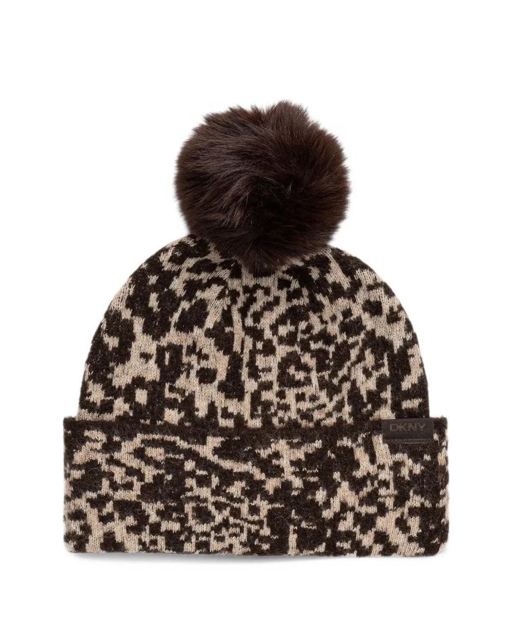DKNY Black Leopard-Print Pompom Beanie Hat
