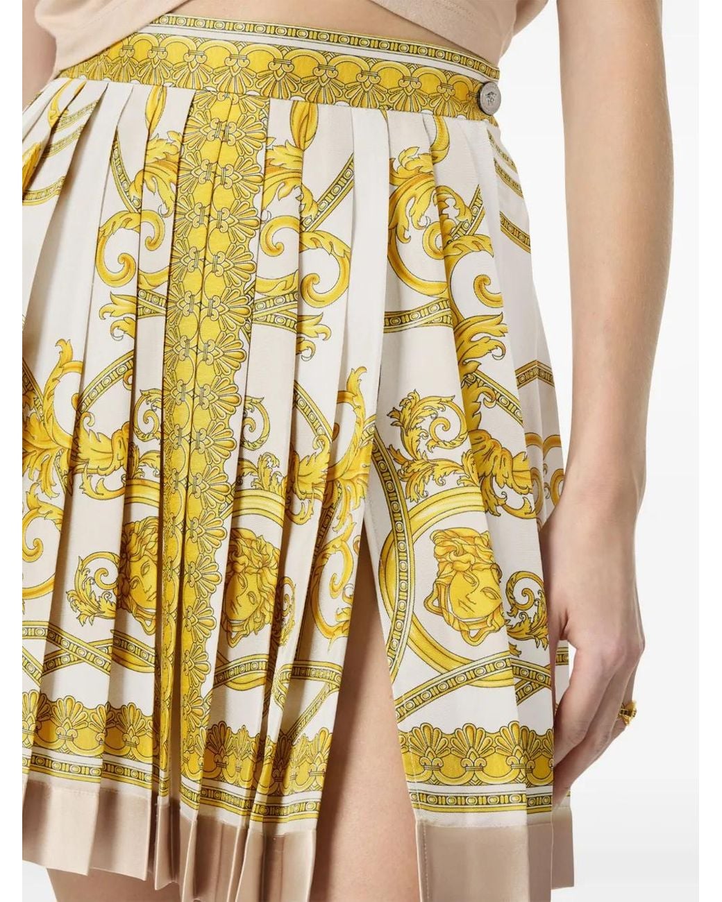 Versace Natural Barocco Print Silk Pleated Mini Skirt