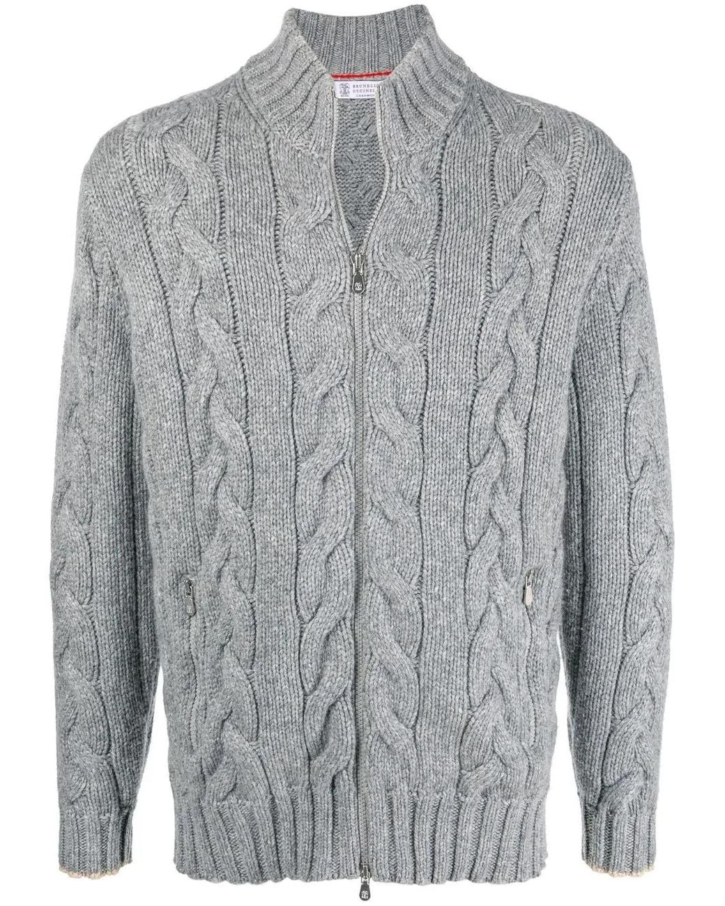 Brunello Cucinelli Gray Cable-Knit Zip-Up Cardigan for men