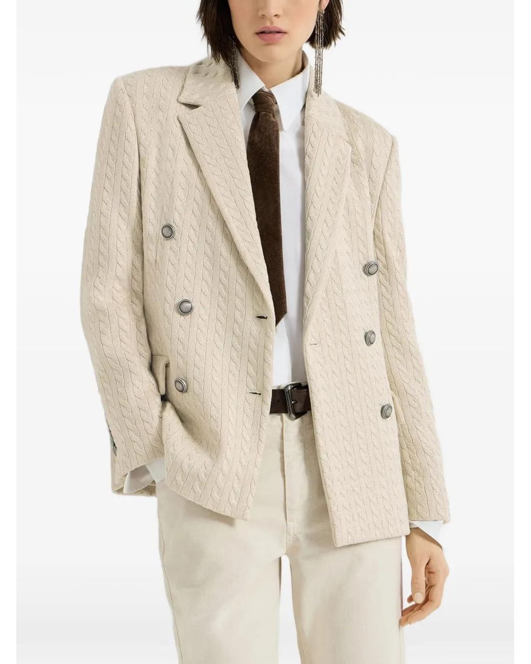 Brunello Cucinelli Natural Sparkling Cotton English Rib Knit Blazer With Monili