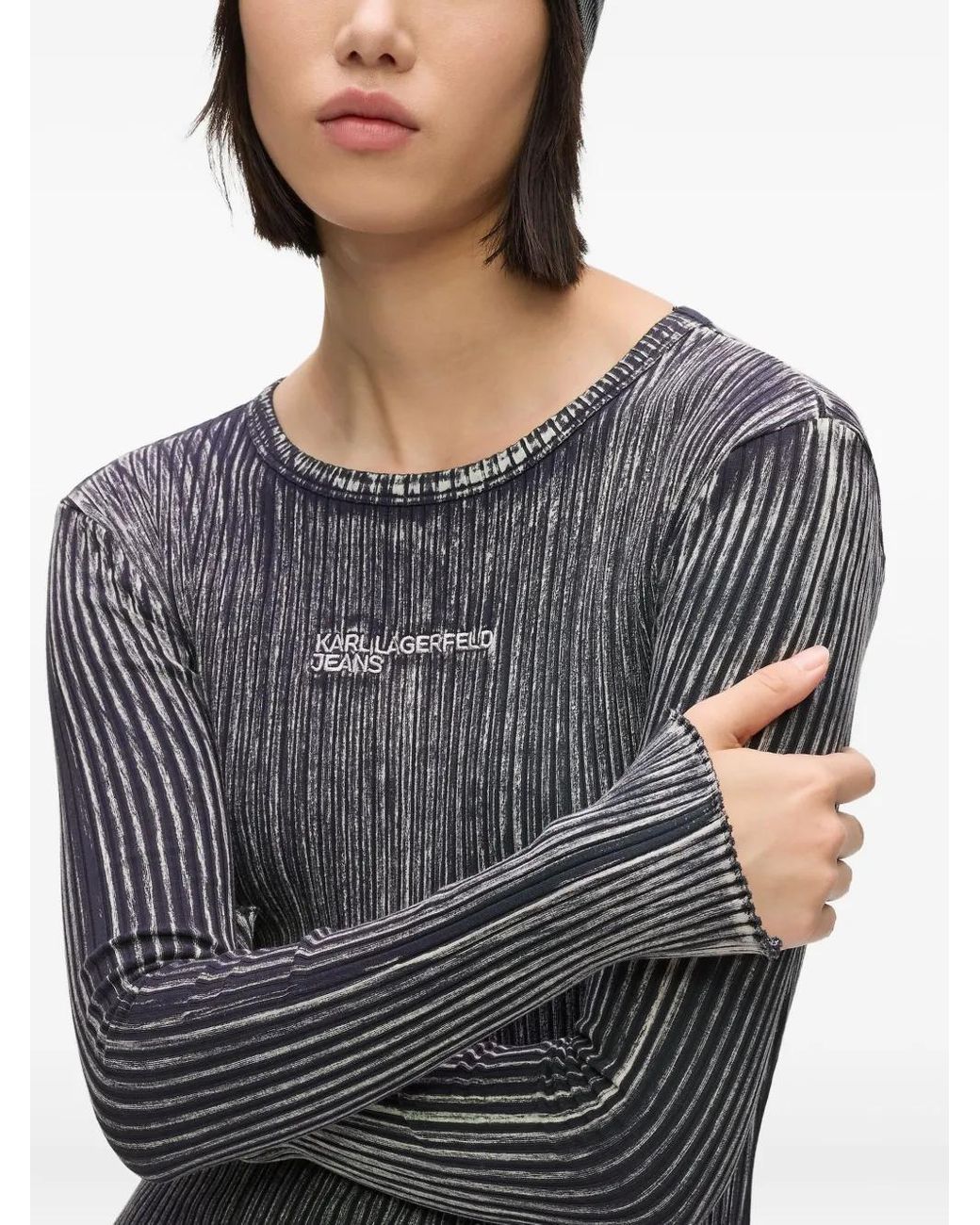 KARL LAGERFELD Ribbed Long-Sleeves Midi Dress in Gray | Lyst