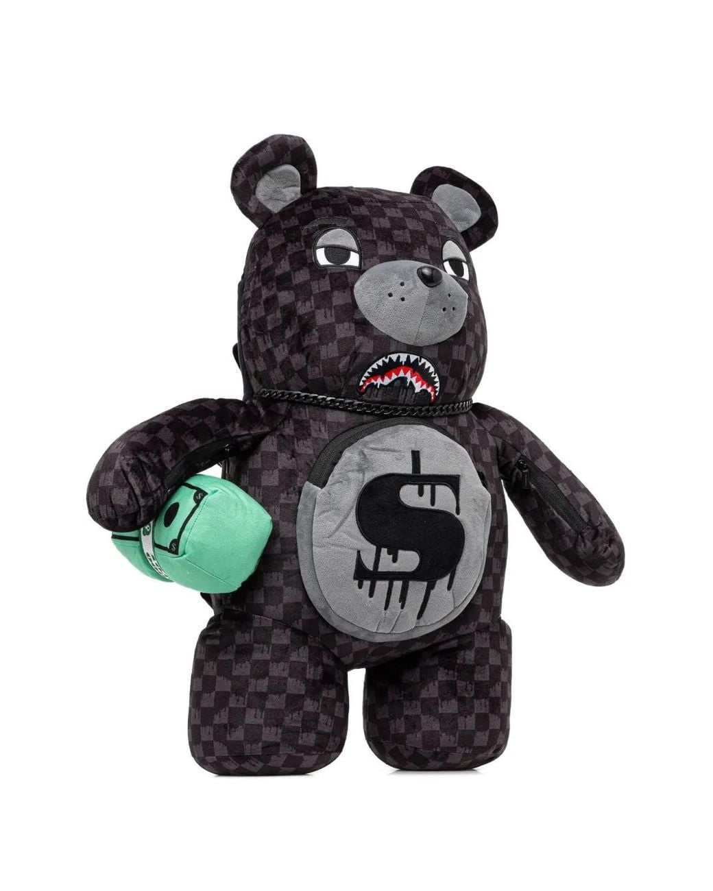 Sprayground White Checked-Pattern Bear-Shape Backpack