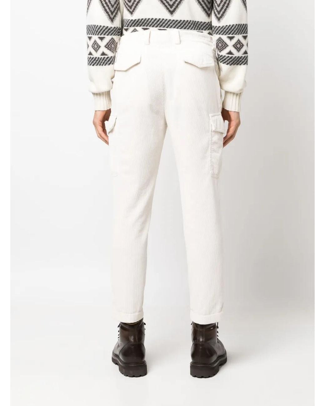 Brunello Cucinelli White Corduroy Straight-Leg Cargo Trousers for men