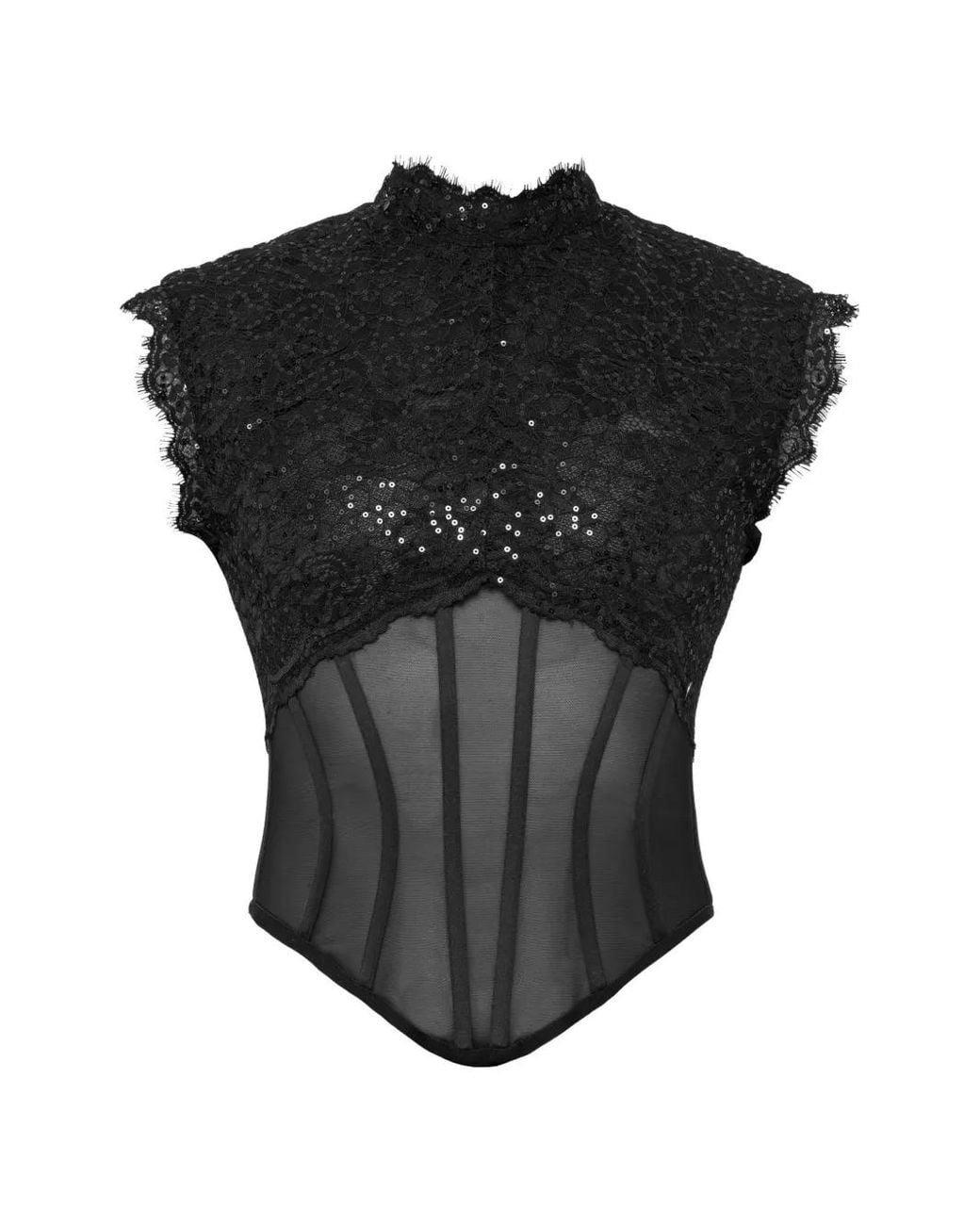 Nissa Black Sequin Details Tulle Corset Top