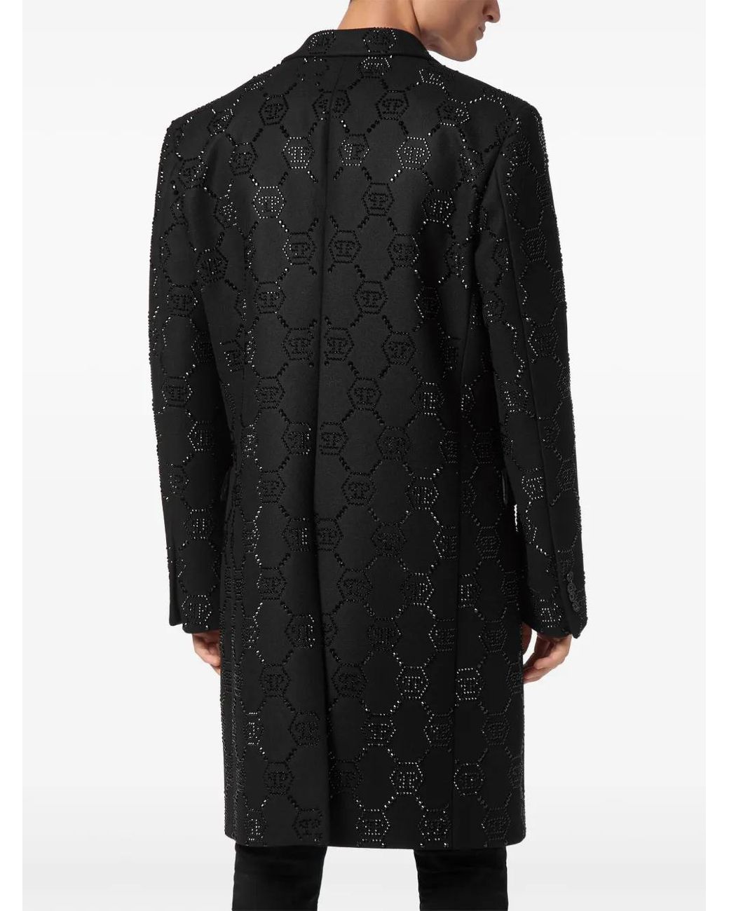 Philipp Plein Black Logo-Embellished Peak-Lapels Single-Breasted Coat for men