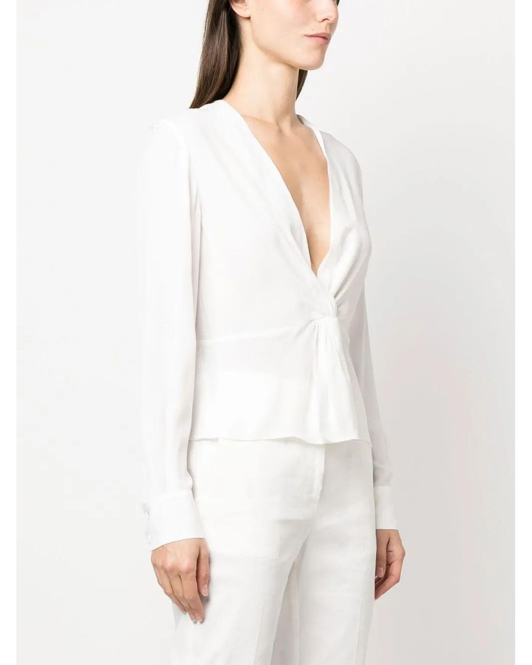 Pinko White Twisted V-Neck Blouse