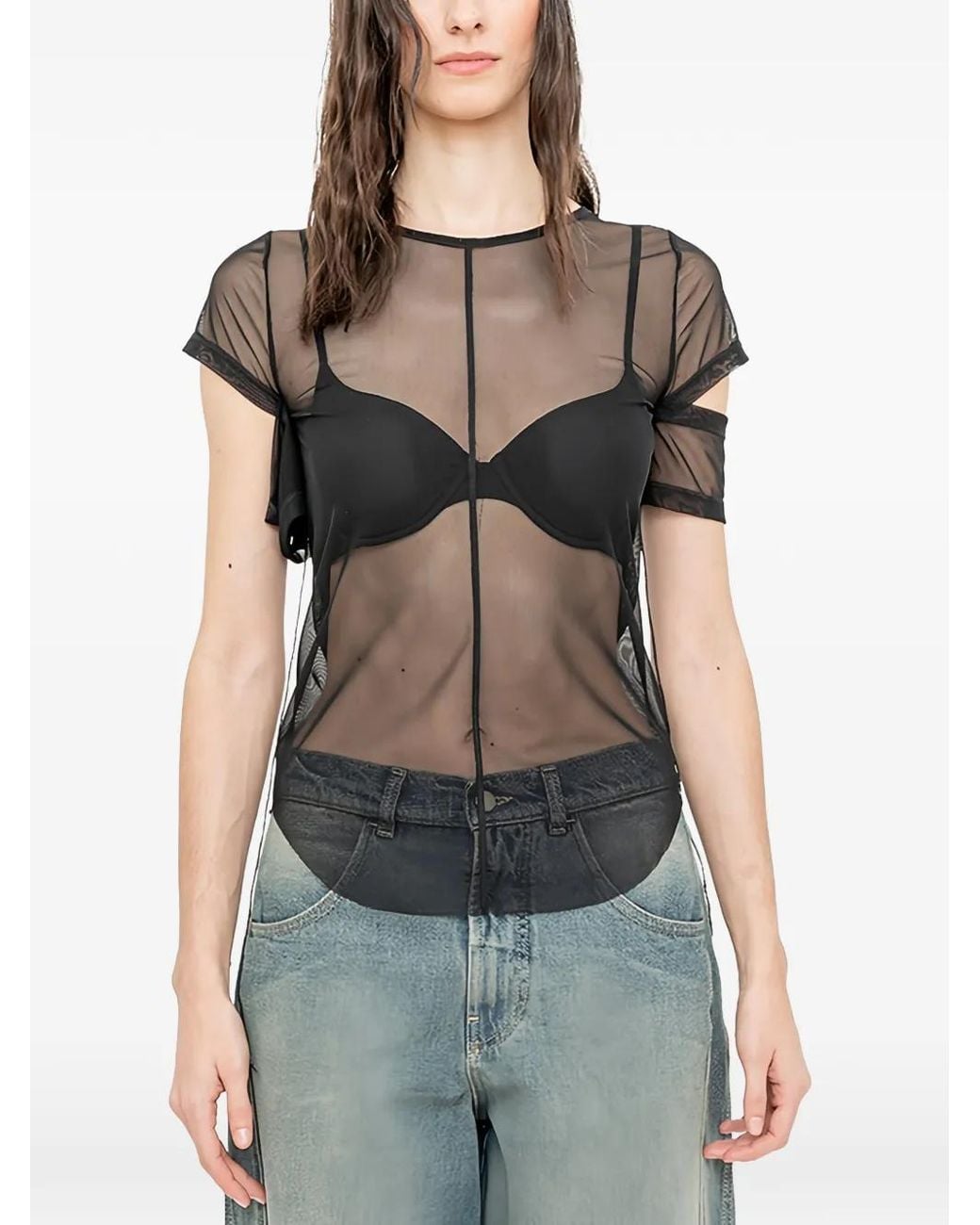 Andrea Ya'aqov Black Cut-Out Sheer T-Shirt